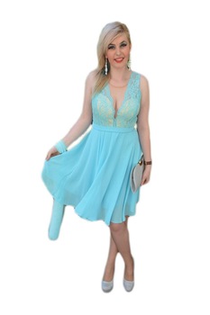 Rochie rafinata cu dantela fina, decolteu in V, fusta din voal,D&J Exclusive, Albastru