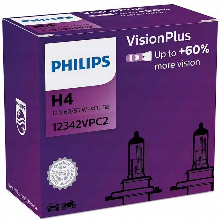 Bec Philips H4 P43T 12V 60/55W Visioplus Set 2 Buc 12342VPC2