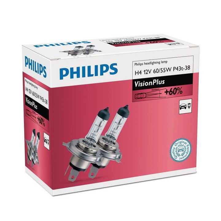 Philips H4 P43T 12V 60 / 55W Visioplus 12342VPC2 izzó, 2 db