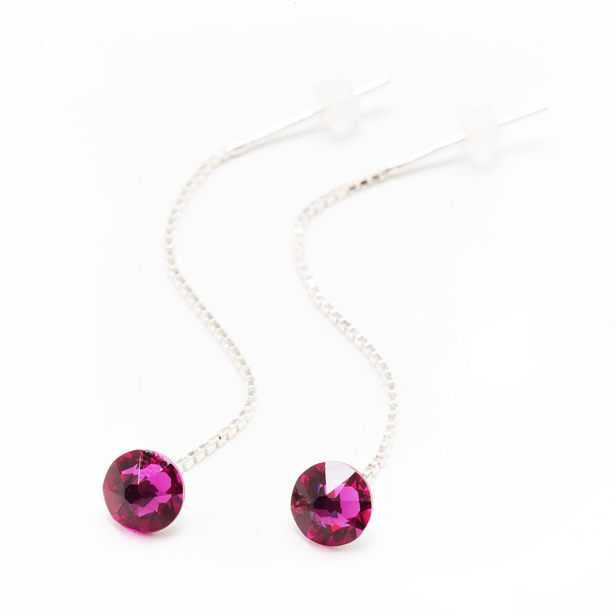 Cercei Argint DaviCrystals cu cristale cu un singur cristal flat bottom cu tija lant fuchsia