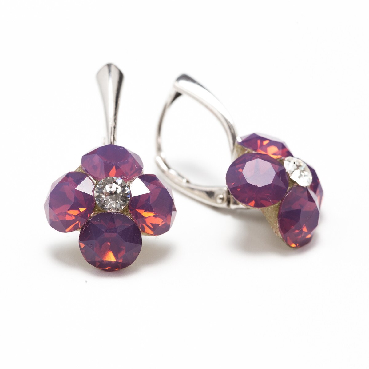 Cercei Argint DaviCrystals cu cristale Swarovski trifoi cu patru foi cu levreback mare cyclamen opal