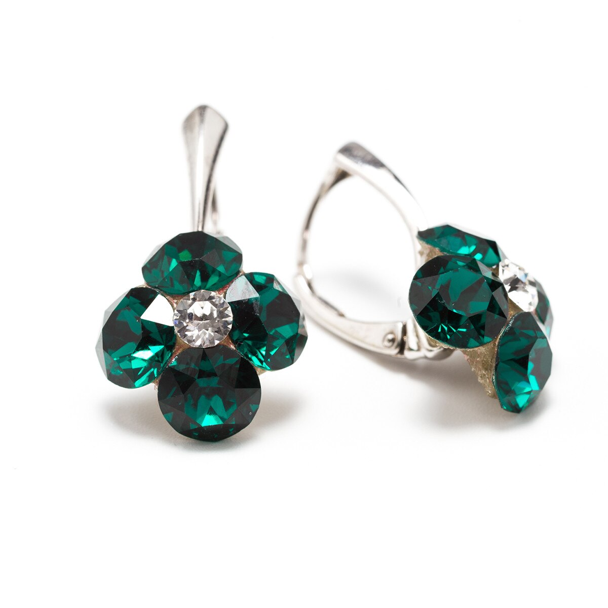 Cercei Argint DaviCrystals cu cristale Swarovski trifoi cu patru foi cu levreback mare emerald