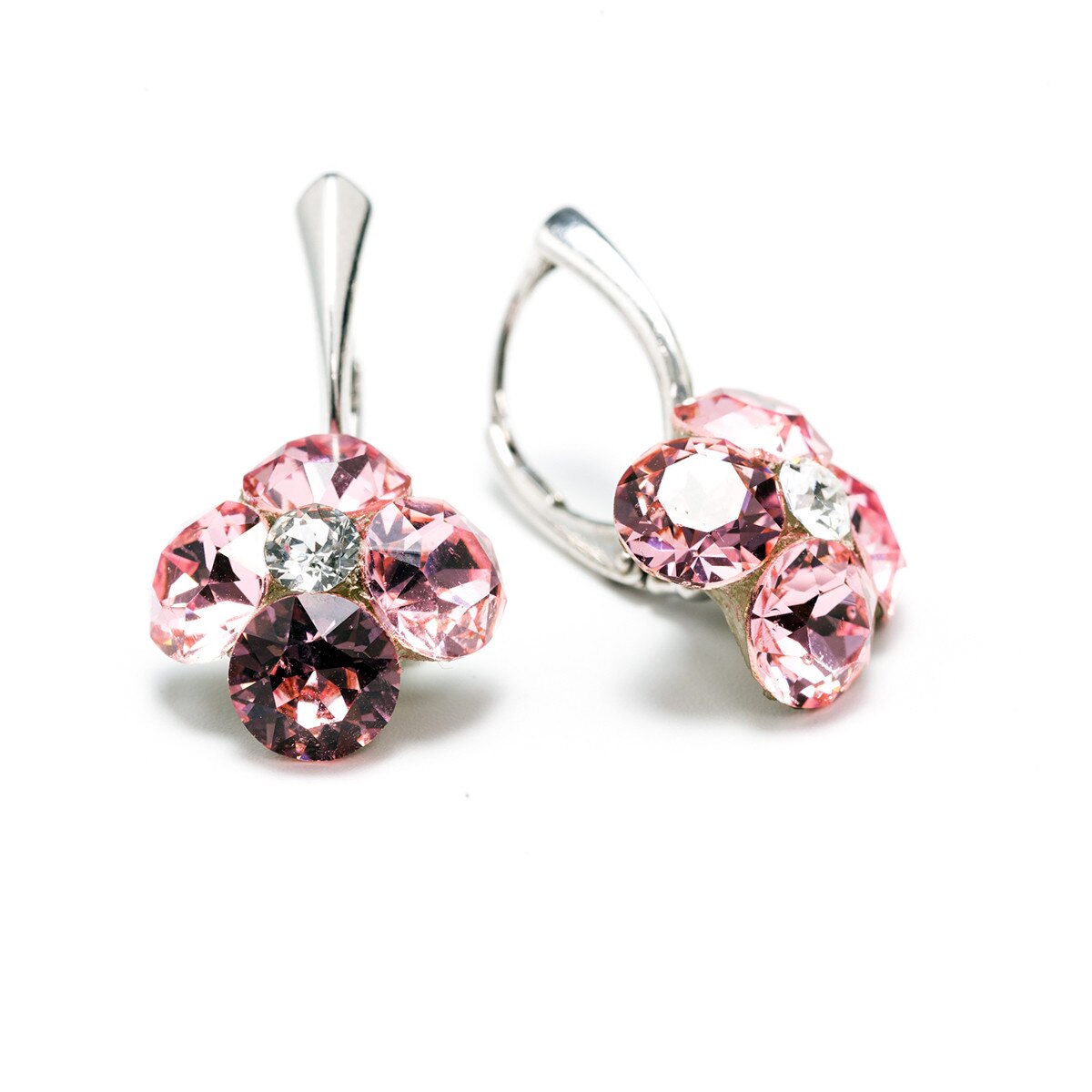 Cercei Argint DaviCrystals cu cristale trifoi cu patru foi cu levreback mare light rose