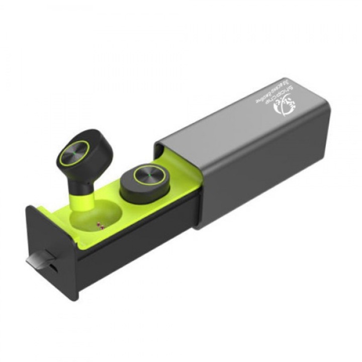 Shopche vezeték nélküli fülhallgató, in-ear, prémium fém tokkal, akkumulátor 450 mAh, zöld/fekete