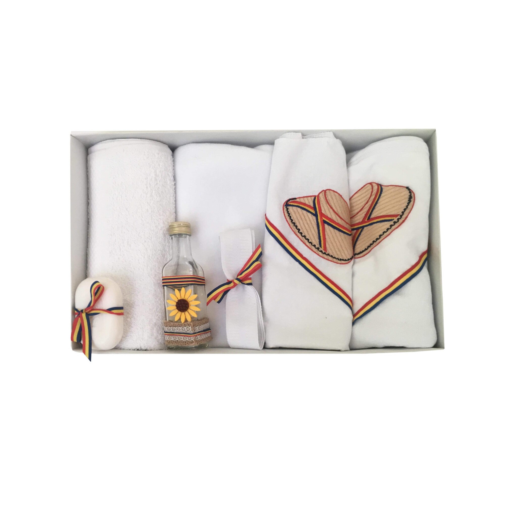 Trusou Botez Traditional cu Clop Brodat,7 piese,Alb/Tricolor