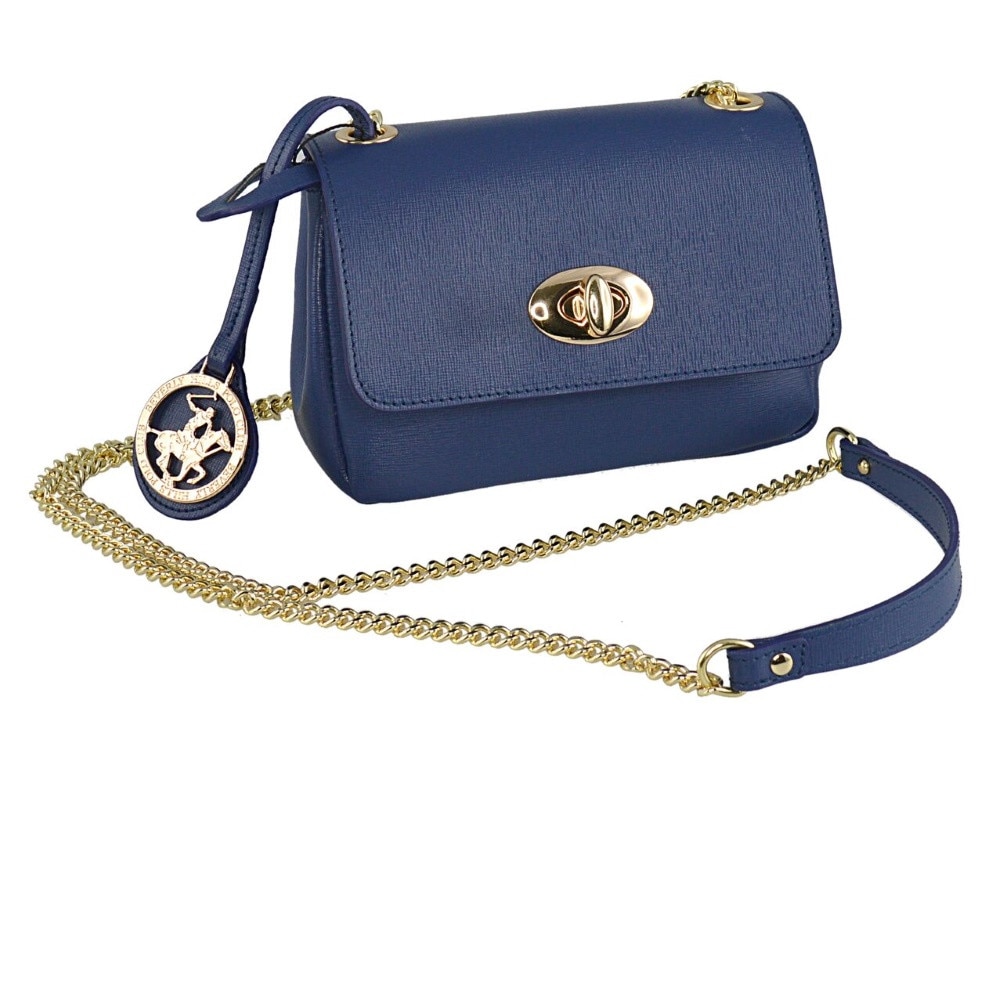 Geanta crossbody din piele cu bareta convertibila din lant, Beverly Hills Polo Club, Albastru