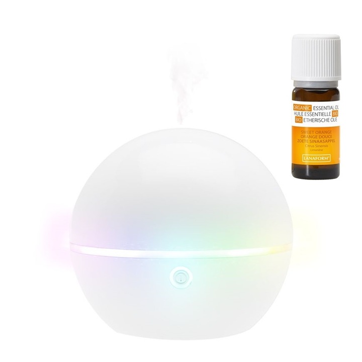 Set Difuzor de arome, uleiuri esentiale Bali cu iluminare, functionare pana la 7h si ulei de portocale 10ml