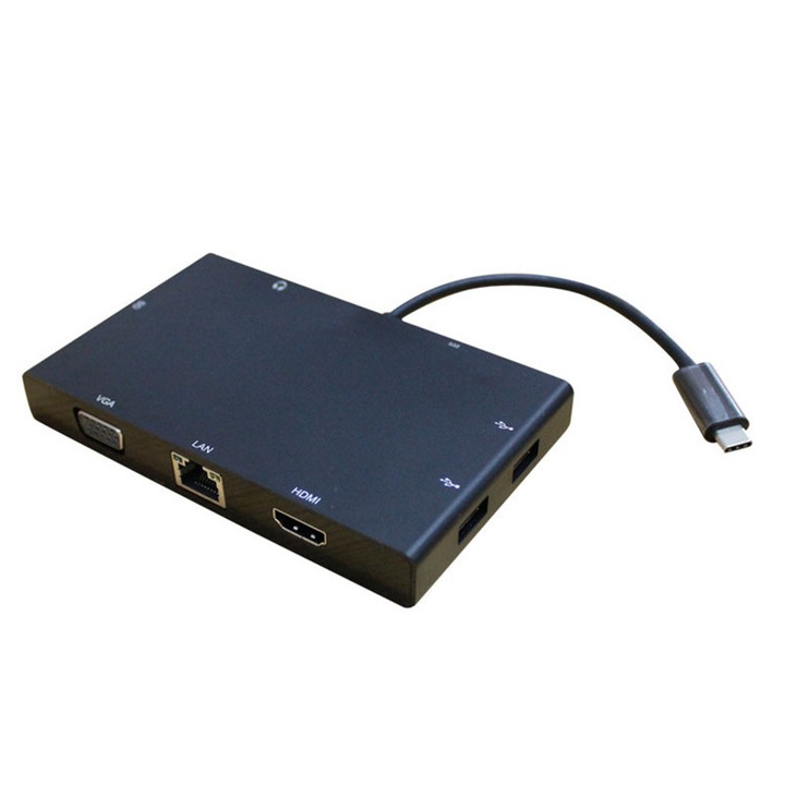 Адаптер HUB Combo алуминий Pro 8 в 1 Hub Combo USB от тип C с HD4K портове, VGA, USB-C, Ethernet Gigabit RJ45, Dual USB, звукова карта и SD Phuture®