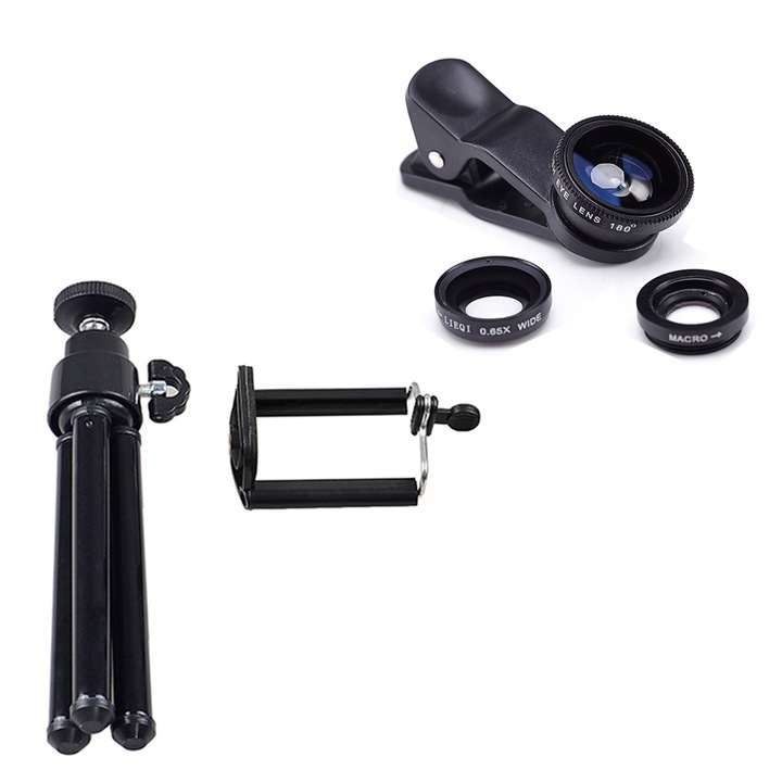 Set 4 in 1 lentile profesionale smartphone cu clip de prindere si trepied - Phuture®