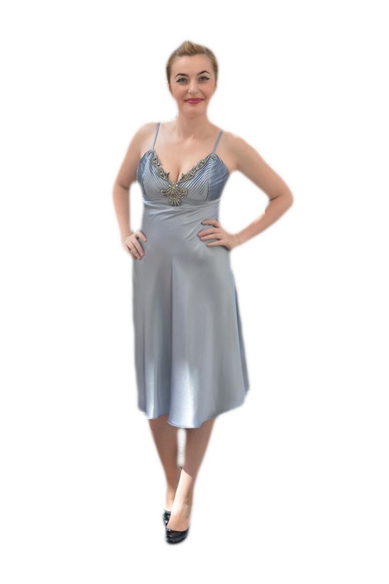 Rochie rafinata, Decolteu in V cu cristale argintii, D&J Exclusive, Argintiu