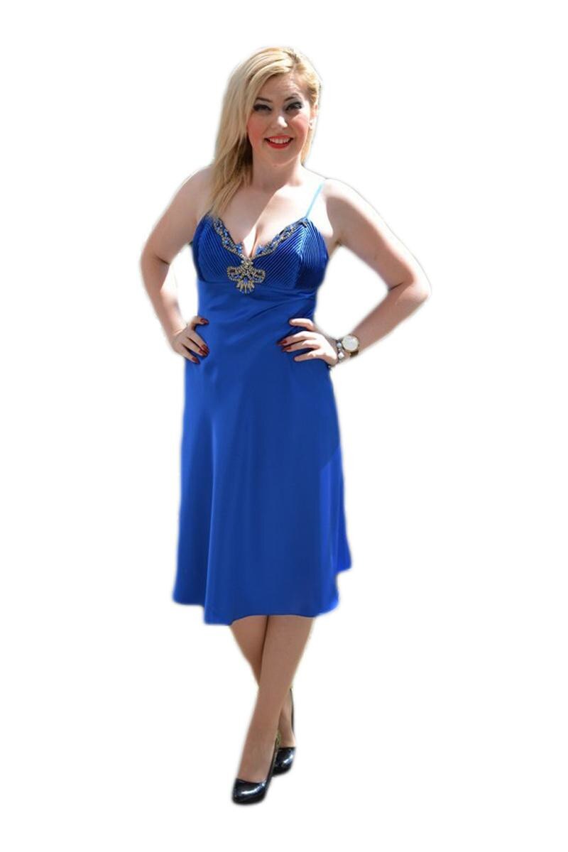 Rochie rafinata, Decolteu in V cu cristale argintii, D&J Exclusive, Albastru