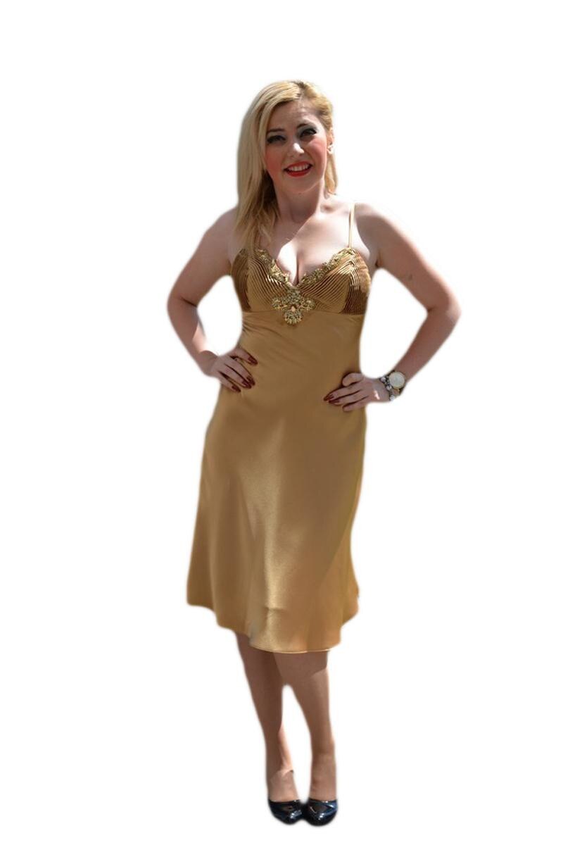 Rochie rafinata, Decolteu in V cu cristale argintii, D&J Exclusive, Auriu