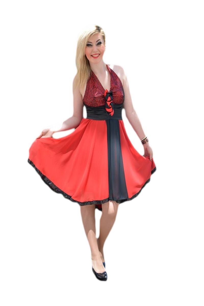 Rochie de seara,decor de paiete si fronseuri in talie,D&J Exclusive, Rosu-Negru