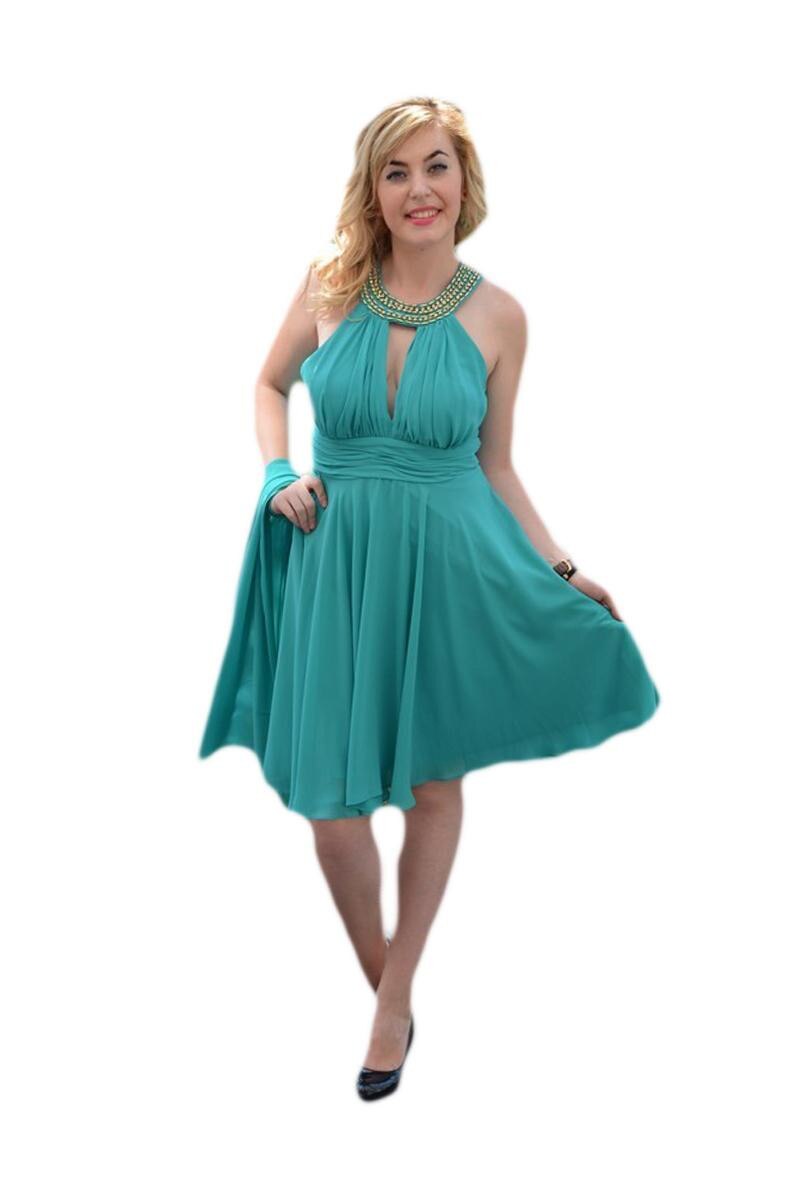 Rochie eleganta, din material vaporos,aplicatii de strasuri aurii, D&J Exclusive, Turcoaz