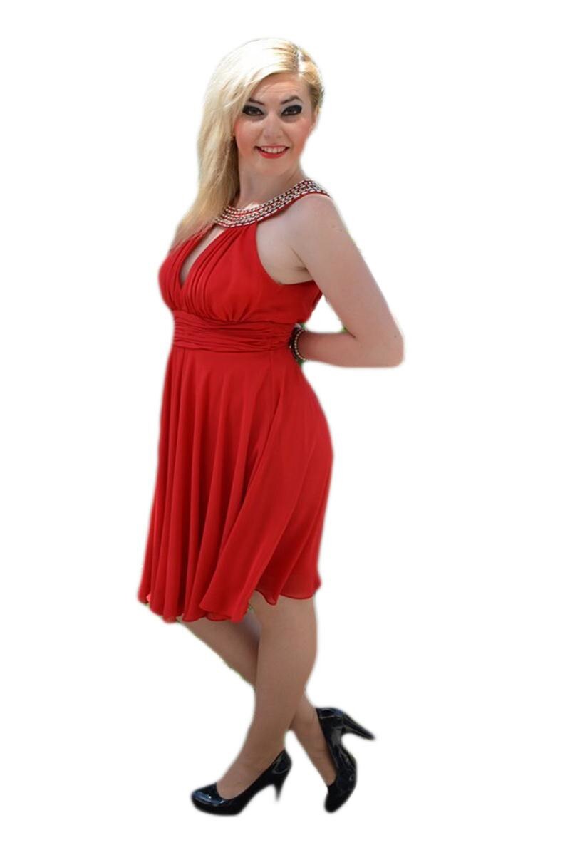 Rochie eleganta, din material vaporos,aplicatii de strasuri aurii, D&J Exclusive, Corai