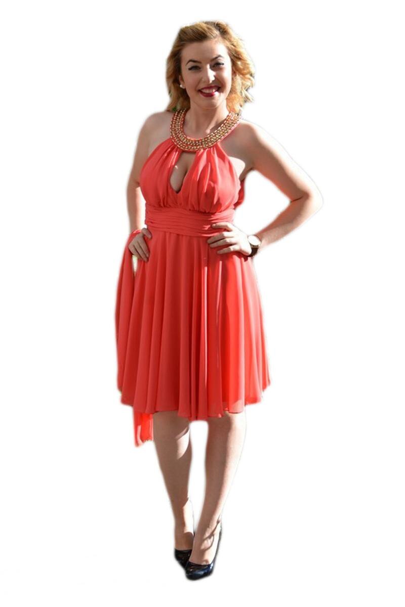 Rochie eleganta, din material vaporos,aplicatii de strasuri aurii, D&J Exclusive, Corai