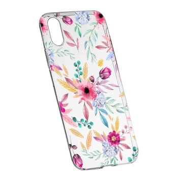 Husa Silicon, Transparent, Slim, Happy Flowers, Apple iPhone X Husa Silicon, Transparent, Slim, Happy Flowers, Apple iPhone X