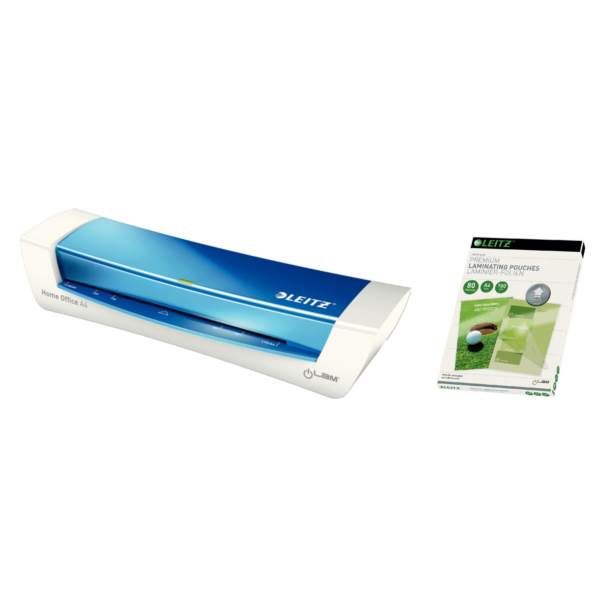 KIT Laminator LEITZ iLAM Home Office A4, 80-125 microni - albastru + 3 Seturi Folii Leitz UDT A4, 80 microni
