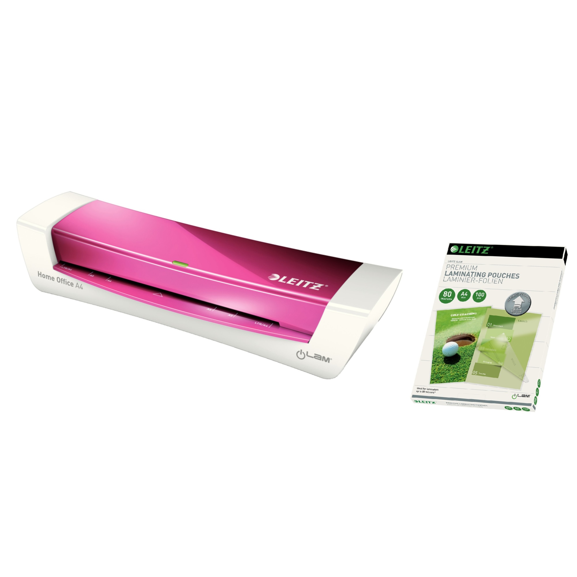 KIT Laminator LEITZ iLAM Home Office A4, 80-125 microni - roz + 3 Seturi Folii Leitz UDT A4, 80 microni