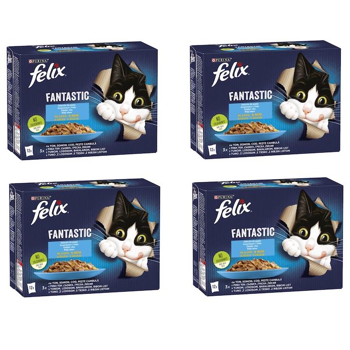 Комплект Храна за котки в зряла възраст PURINA® FELIX® Fantastic, Риба, Мокра храна, Пауч, 4 стека по 12бр. х85g