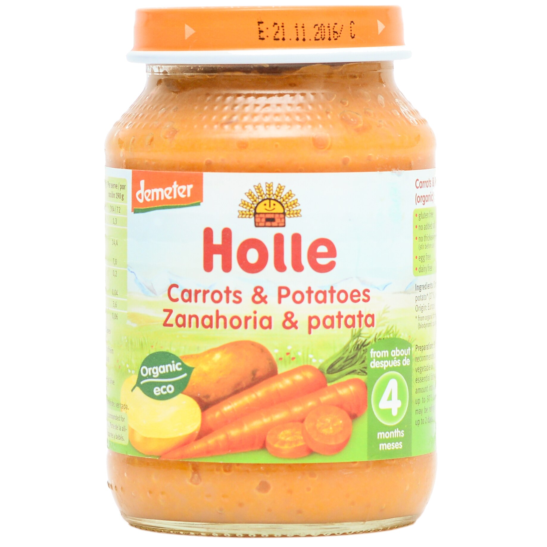 Piure Holle Bio, Morcovi si cartofi, 190 g