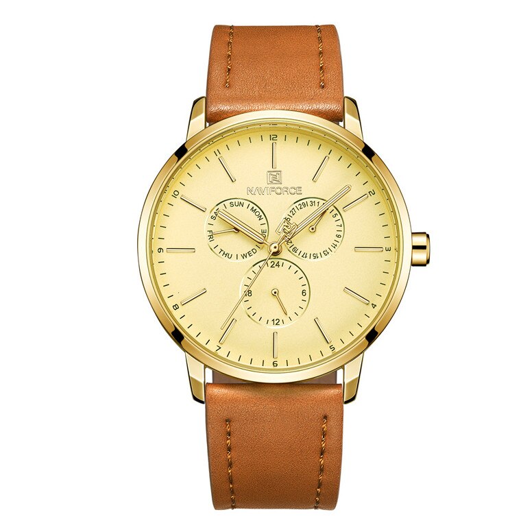 Ceas Naviforce Gold, mecanism Quartz, rezistent la apa 3ATM, curea din piele maro autentica, stil Fashion