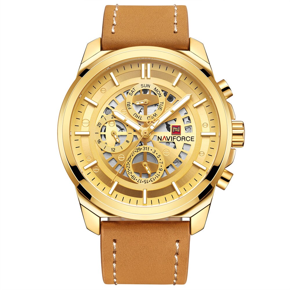 Ceas Naviforce Gold, mecanism Quartz, rezistent la apa 3ATM, curea din piele maro, stil Fashion