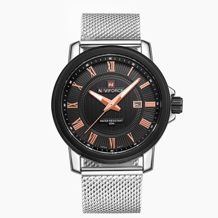 Часовник Naviforce, 3 бара водоустойчив, кварцов механизъм, каишка от неръждаема стомана, аналогов дисплей, моден стил