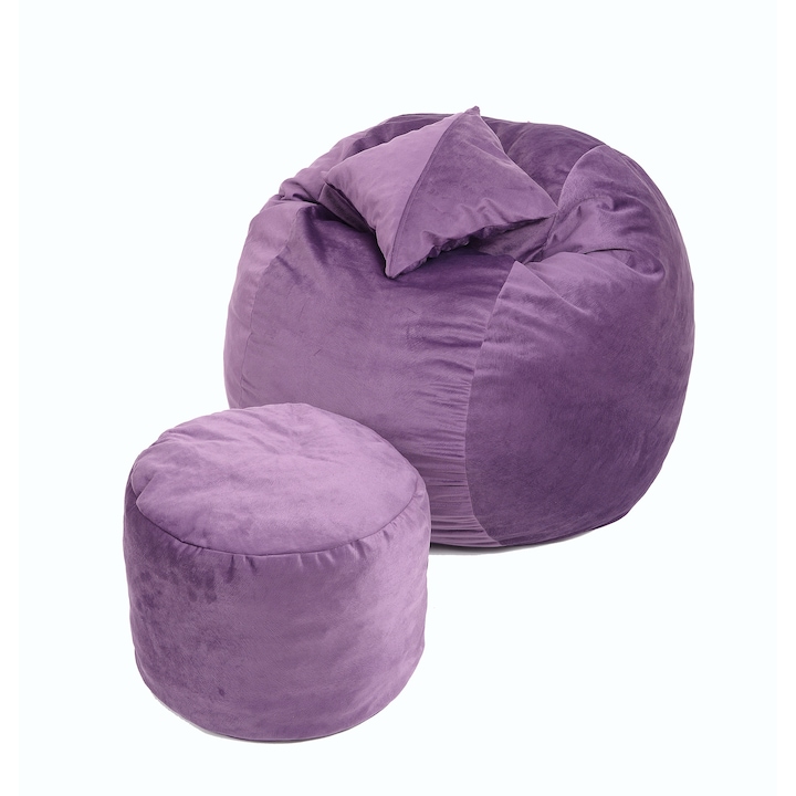Pufrelax Babzsák fotelkészlet, king size (nagy) fotel + puff + dekoratív párna, - Diamond Range levehető huzat, ággyá alakítható, memória mix szivacspelyhekkel töltve, ametiszt szín