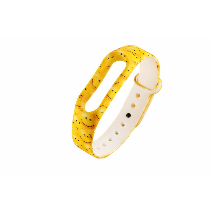 Curea din silicon, unisex, galbena, smiley face, pentru bratara Xiaomi Mi Band 2