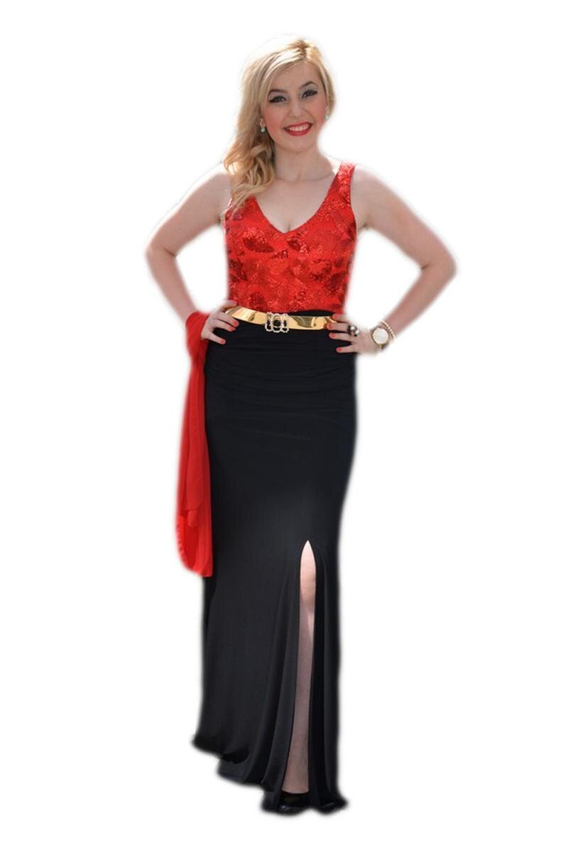 Rochie de ocazie lunga,broderie abstracta D&J Exclusive, Rosu-Negru