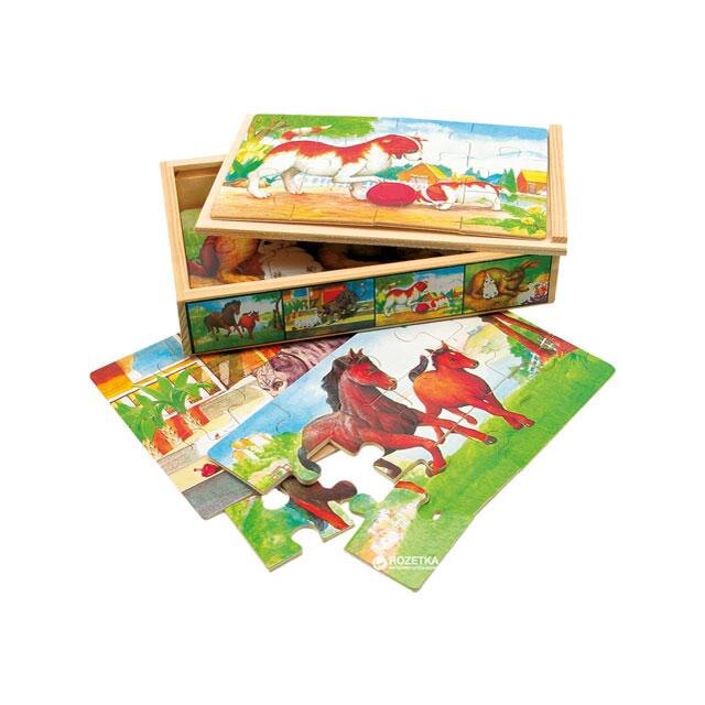 Puzzle Bino Toys Animale in cutie de lemn set 4x12 piese