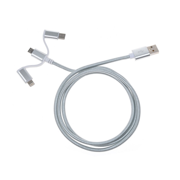 Cablu USB 3 in 1, cablu lungime 1m, tip C/lightning/microUSB, universal, Soundlogic, argintiu
