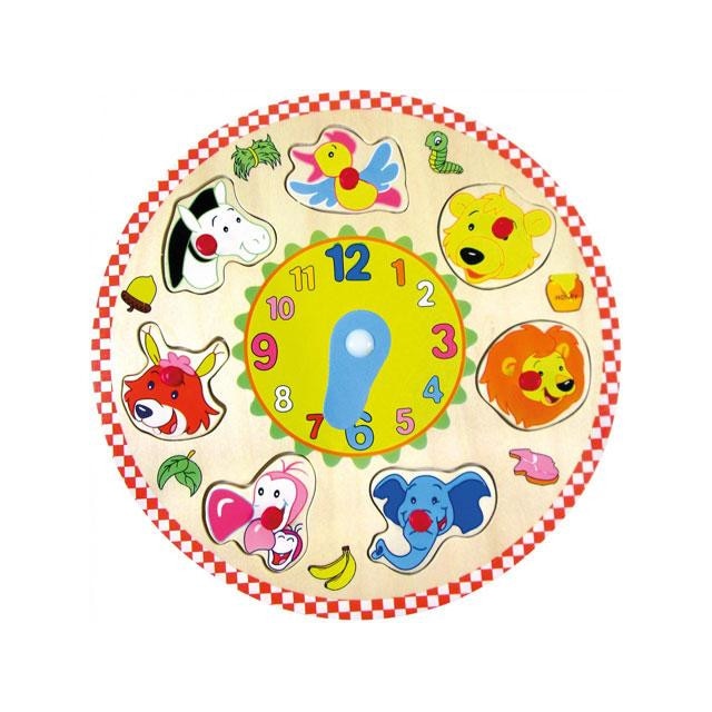 Puzzle Bino Toys Animale fericite ceas din lemn 8piese