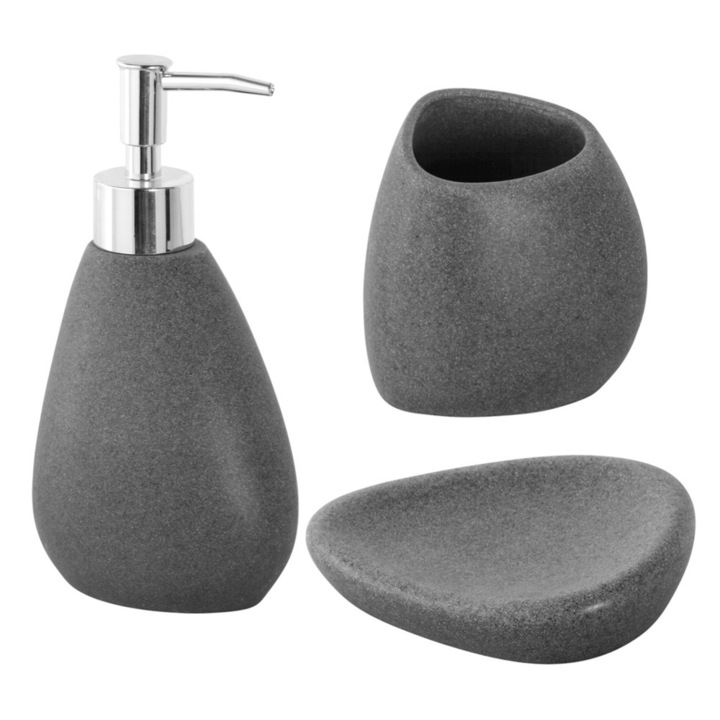 Set 3 accesorii de baie Feridras Stone, poliresina, gri