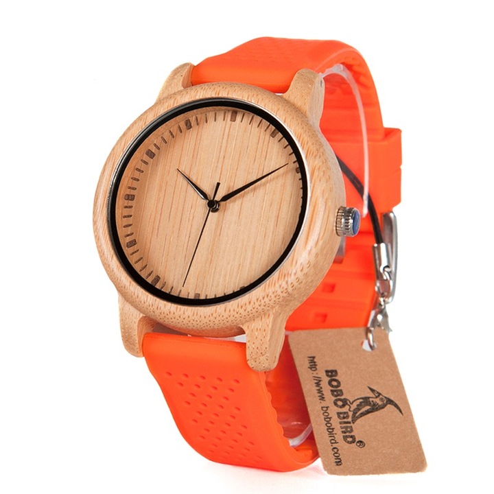 Часовник от бамбук с оранжева силиконова каишка, Bobo Bird , B05, Светло дърво/Оранжев