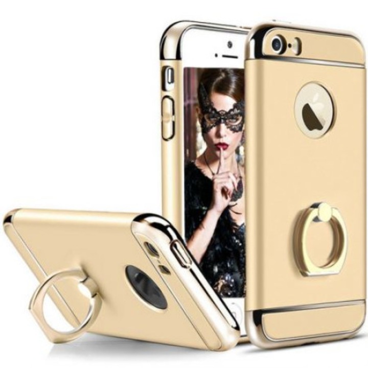 Пакет защитен калъф за iPhone 6+ Луксозен позлатен с поддържащ пръстен и безплатно фолио