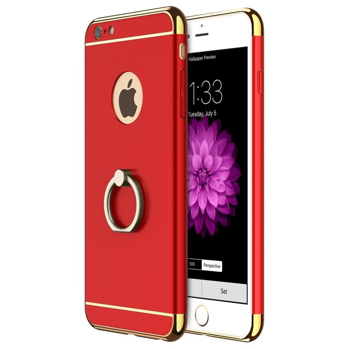 Пакет защитен калъф за iPhone 6+ Luxury Red Plated с поддържащ пръстен и безплатно фолио