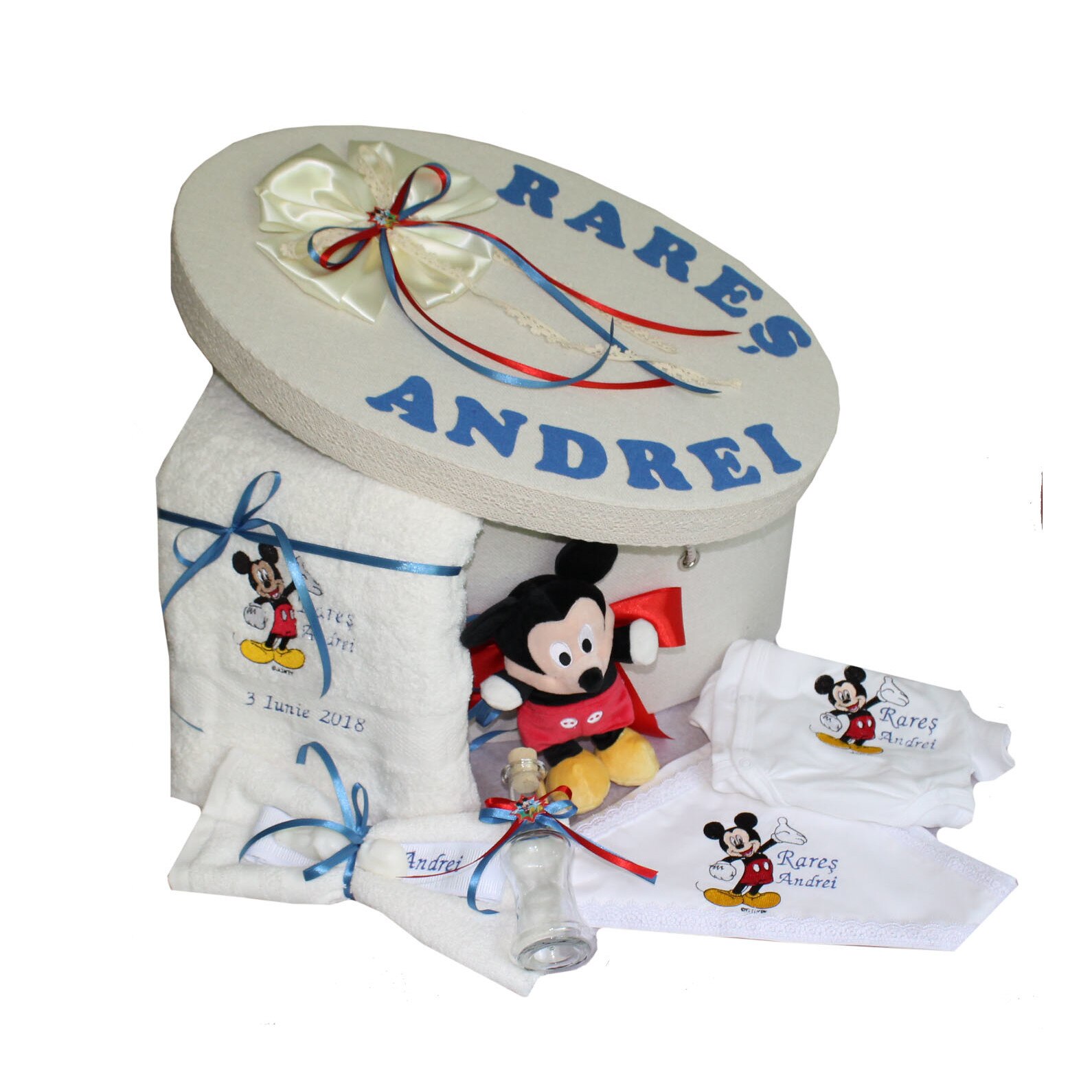 Trusou botez complet, cutie si body bebe personalizate cu numele copilului si Mickey Mouse