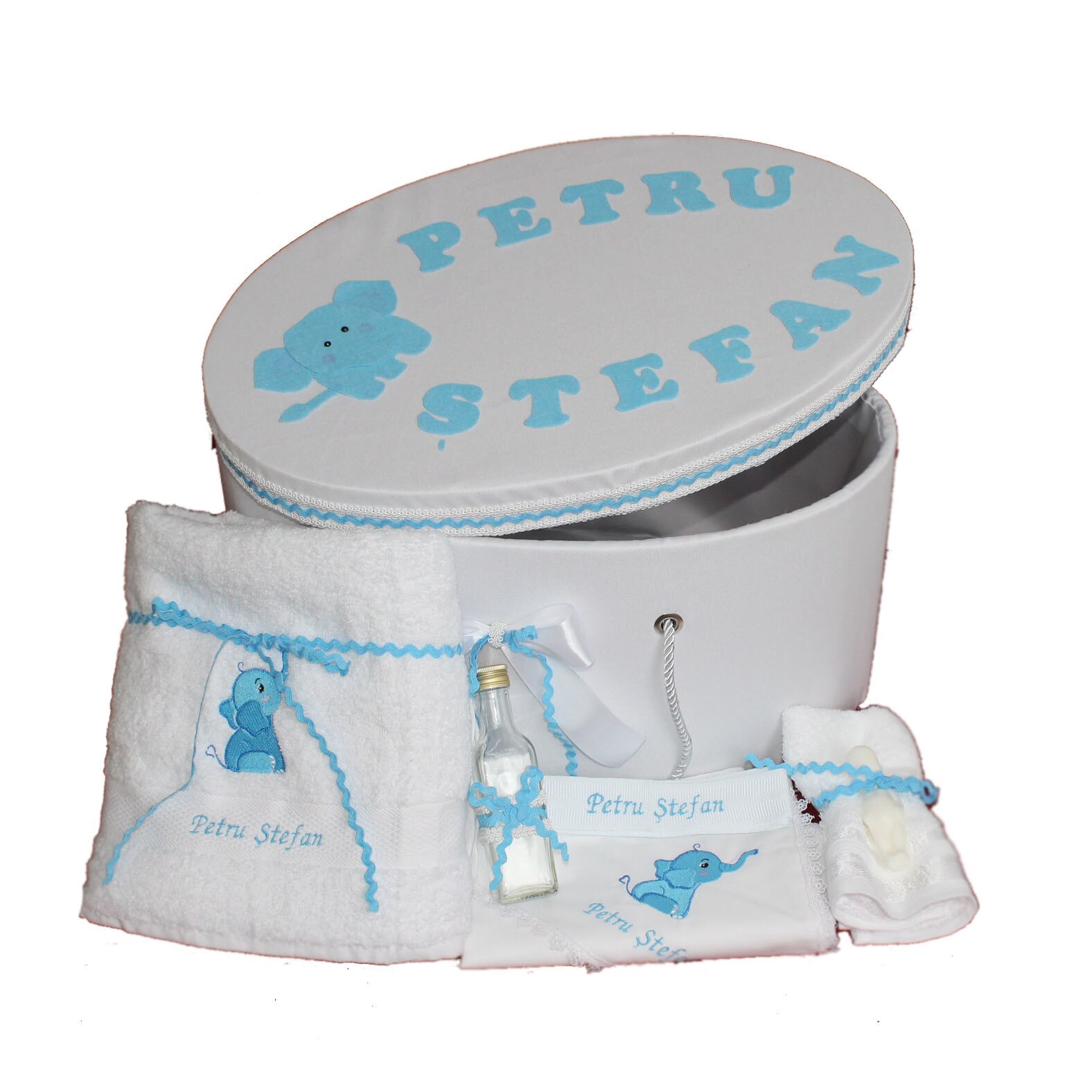 Trusou botez complet si cutie personalizate cu numele copilului si elefantel