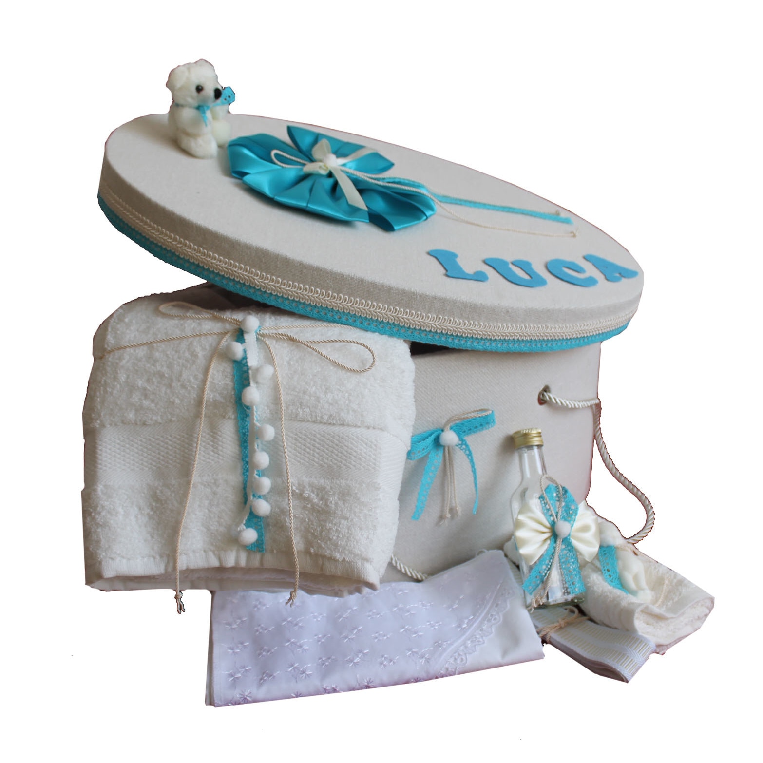 Trusou botez complet si cutie decor turcoaz personalizata cu numele copilului