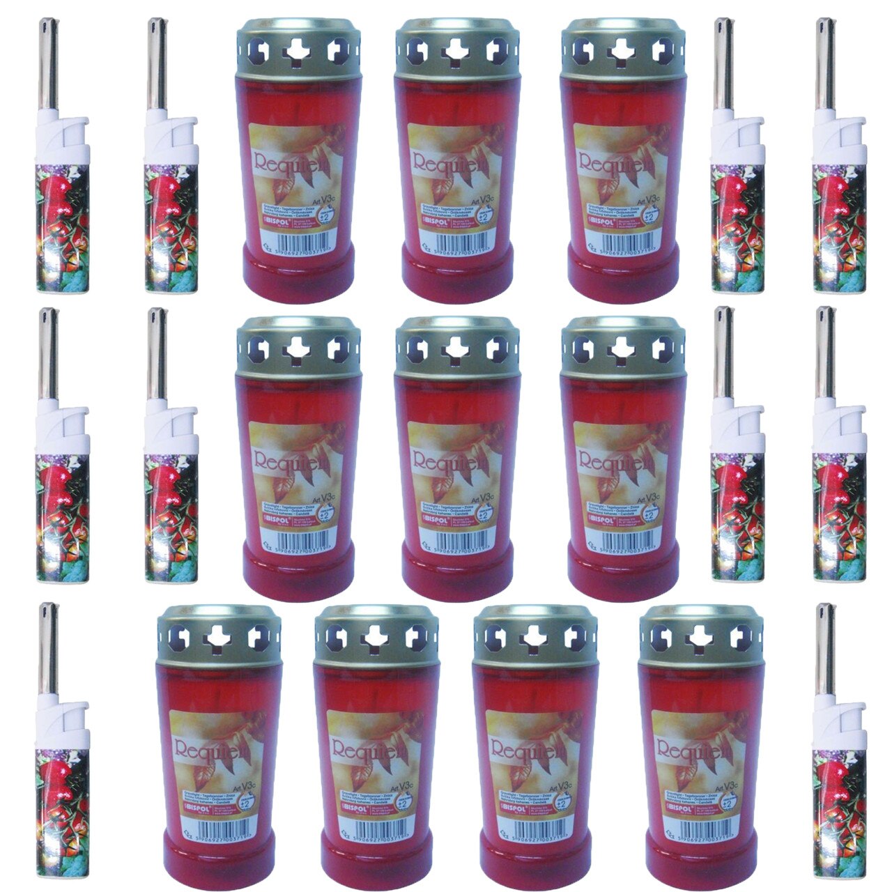 Pachet - 10 x Candela din plastic cu capac din metal, 10cm + 10 x Aprinzator cu gat lung tip bricheta