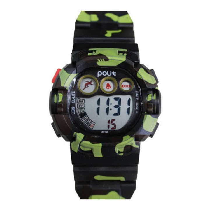 Ceas Copii, Afisaj Electronic, Cronometru, Data, Alarma/F1, Rezistent la Apa, Negru/VerdeSalamandra Kids