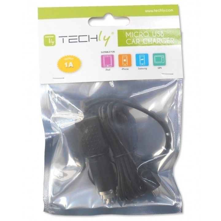 Techly autós töltő, Micro-USB, 12/24 V - 5 V, Kábel 1,5 m, Fekete