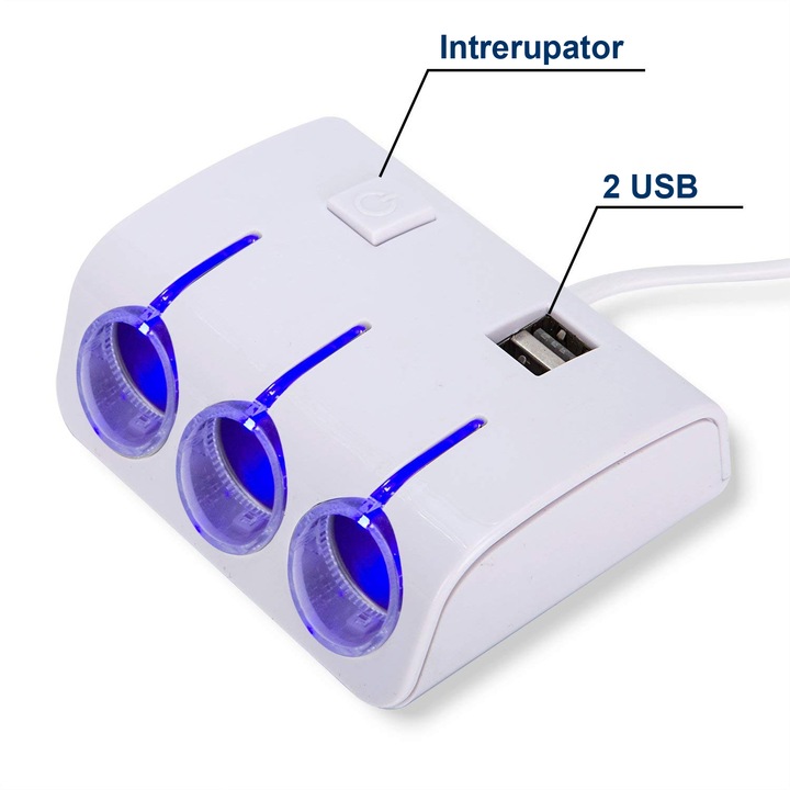 Multiplicator priza bricheta auto ANET, 12V-24V cu 3 Iesiri si 2 USB, alb
