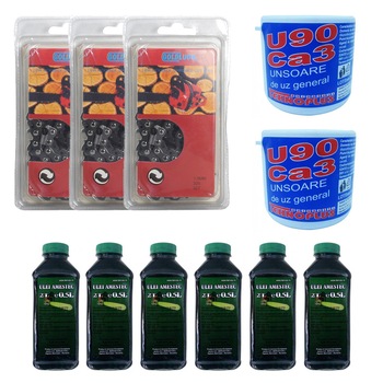 Pachet - 3 x Lant drujba, 32T, 1.5mm + 6 x Ulei pentru drujba, 2 timpi, 0.5L + 2 x Unsoare (Vaselina) de uz general, 200g Pachet - 3 x Lant drujba, 32T, 1.5mm + 6 x Ulei pentru drujba, 2 timpi, 0.5L + 2 x Unsoare (Vaselina) de uz general, 200g