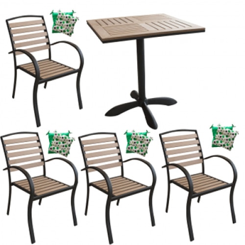 Set terasa,bistro masa patrata POLYWOOD NATURAL 70x70x72cm cu 4 scaune 86x40x45cm , 4 perne scaun