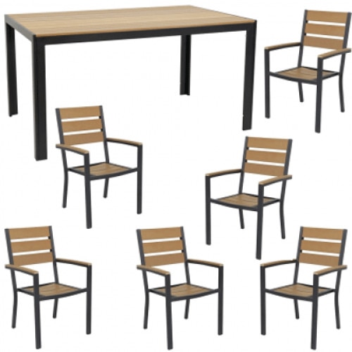 Set gradina,terasa masa dreptunghiulara cadru aluminiu POLYWOOD NATURAL 150x90x74cm cu 6 scaune 60x57x89cm
