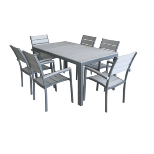 Set gradina,terasa masa dreptunghiulara cadru aluminiu POLYWOOD GREY 150x90x74cm cu 6 scaune 60x57x89cm