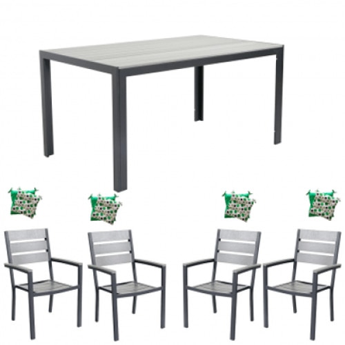 Set mobila gradina,terasa masa dreptunghiulara cadru aluminiu POLYWOOD GREY 150x90x74cm cu 4 scaune 60x57x89cm,4 perne
